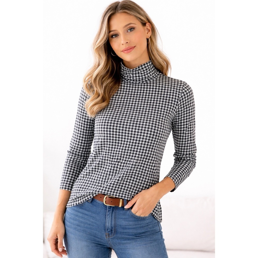 J Jill Top Petite‎ XS Black White Gingham Turtleneck Supima Cotton Soft Classic